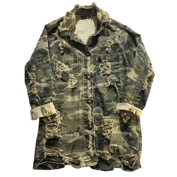 Fashion Nova Jackets & Blazers - Fashion Nova Camo Jacket Distressed Ripped Military Button Down Green Size XSS